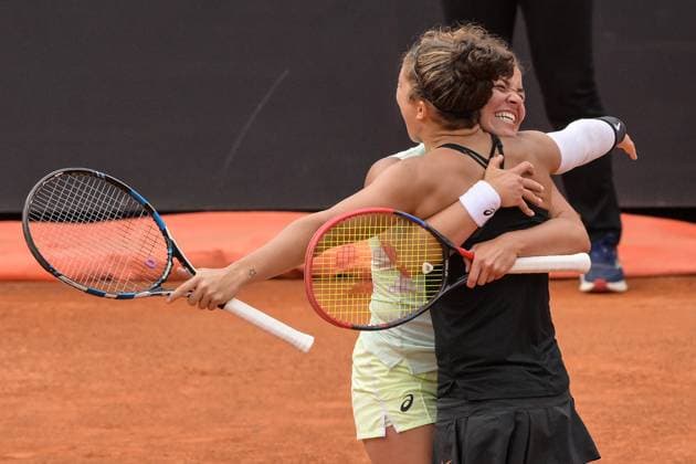 Sara Errani and Jasmine Paolini of Italy celebrates at the end the doubles final match against Coco Gauff of United States and Erin Routliffe of New Zeland at the Internazionali BNL d Italia 2024 tennis tournament at Foro Italico in Rome, Italy on May 19th, 2024. antoniettaxbaldassarre