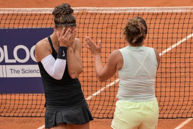 Sara Errani and Jasmine Paolini of Italy celebrates at the end the doubles final match against Coco Gauff of United States and Erin Routliffe of New Zeland at the Internazionali BNL d Italia 2024 tennis tournament at Foro Italico in Rome, Italy on May 19th, 2024. antoniettaxbaldassarre