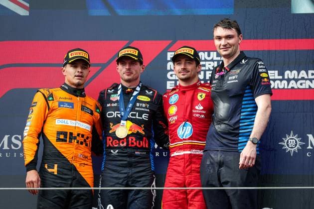 Podium: VERSTAPPEN Max (ned), Red Bull Racing RB20, NORRIS Lando (gbr), McLaren F1 Team MCL38, LECLERC Charles (mco), Scuderia Ferrari SF-24, portrait, during the Formula 1 MSC Cruises Gran Premio del Made in Italy e Dell™Emilia-Romagne 2024, 7th round of the 2024 Formula One World Championship, WM, Weltmeisterschaft from May 17 to 19, 2024 on the Autodromo Enzo e Dino Ferrari, in Imola, Italy - F1 - EMILIA-ROMAGNA GRAND PRIX 2024 DPPI Panoramic  240519_R07_EMR_DP_FGOO8013