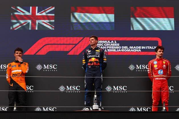 Race winner Max Verstappen of the Netherlands and Oracle Red Bull Racing, Second placed Lando Norris of Great Britain and McLaren and Third placed Charles Leclerc of Monaco and Ferrari gesticulates, gestures, Race, F1 Emilia Romagna Grand Prix 2024, Autodromo Enzo e Dino Ferrari on 19 May 2024 in Imola, Italy Photo by Diogo Cardoso DeFodi Images Race winner Max Verstappen of the Netherlands and Oracle Red Bull Racing, Second placed Lando Norris of Great Britain and McLaren and Third placed Charles Leclerc of Monaco and Ferrari celebrates on the podium, Race, F1 Emilia Romagna Grand Prix 2024, Autodromo Enzo e Dino Ferrari on May 19, 2024 in Imola, Italy Photo by Diogo Cardoso DeFodi Images Defodi 645 f1imo20240518 0379 Defodi-645