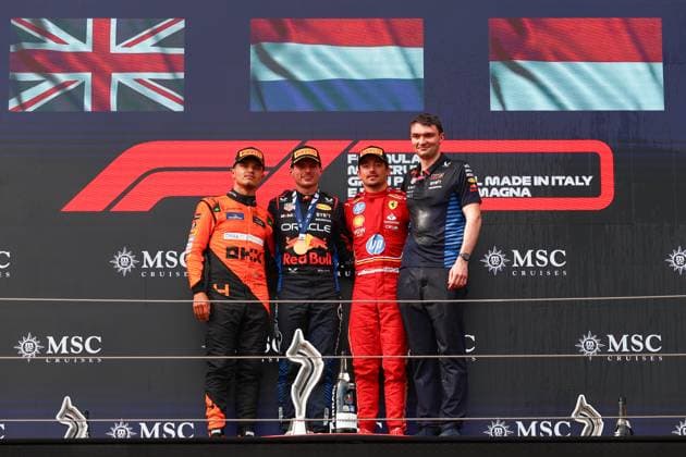 Race winner Max Verstappen of the Netherlands and Oracle Red Bull Racing, Second placed Lando Norris of Great Britain and McLaren, Third placed Charles Leclerc of Monaco and Ferrari and David Morgan, Aero Trackside Performance Team Leader at Oracle Red Bull Racing gesticulates, gestures, Race, F1 Emilia Romagna Grand Prix 2024, Autodromo Enzo e Dino Ferrari on 19 May 2024 in Imola, Italy Photo by Diogo Cardoso DeFodi Images Race winner Max Verstappen of the Netherlands and Oracle Red Bull Racing, Second placed Lando Norris of Great Britain and McLaren, Third placed Charles Leclerc of Monaco and Ferrari and David Morgan, Aero Trackside Performance Team Leader at Oracle Red Bull Racing celebrate on the podium, Race, F1 Emilia Romagna Grand Prix 2024, Autodromo Enzo e Dino Ferrari on May 19, 2024 in Imola, Italy Photo by Diogo Cardoso DeFodi Images Defodi 645 f1imo20240518 0405 Defodi-645