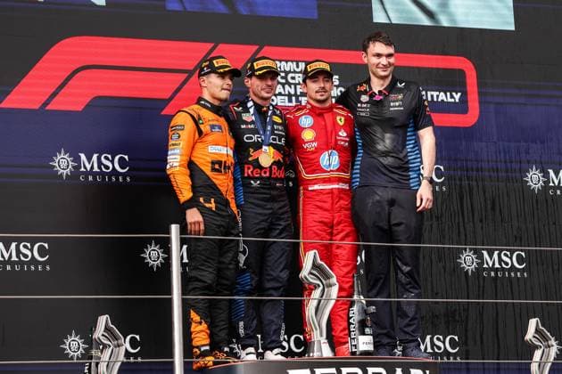 NORRIS Lando (gbr), McLaren F1 Team MCL38, portrait LECLERC Charles (mco), Scuderia Ferrari SF-24, portrait VERSTAPPEN Max (ned), Red Bull Racing RB20, portrait podium during the Formula 1 MSC Cruises Gran Premio del Made in Italy e Dell™Emilia-Romagne 2024, 7th round of the 2024 Formula One World Championship, WM, Weltmeisterschaft from May 17 to 19, 2024 on the Autodromo Enzo e Dino Ferrari, in Imola, Italy - F1 - EMILIA-ROMAGNA GRAND PRIX 2024 DPPI Panoramic  240519_R07_EMR_DP_XB3_2895