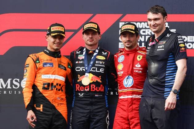 F1 Emilia-Romagna Grand Prix 2024 Lando Norris of McLaren, Max Verstappen of Red Bull Racing and Charles Leclerc of Ferrari at podium after the Formula 1 Emilia-Romagna Grand Prix at Autodromo Enzo e Dino Ferrari in Imola, Italy on May 19, 2024. Imola Italy  Copyright: xJakubxPorzyckix originalFilename:porzycki-f1emilia240519_npmhJ.jpg