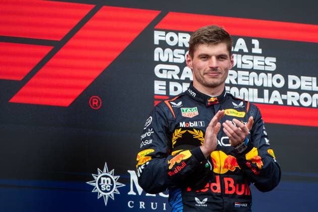 Max Verstappen Oracle Red Bull Racing, 01 celebrates victory on the podium at the podium ceremony, ITA, Formula 1 World Championship, Grand Prix Emilia Romagna Imola, Autodromo Enzo e Dino Ferrari, Race, 19 05 2024 ITA, Formula 1 World Championship, Grand Prix Emilia Romagna Imola, Autodromo Enzo e Dino Ferrari, Race, 19 05 2024 Imola Copyright: xEibner-Pressefoto Memmlerx EP_MMR
