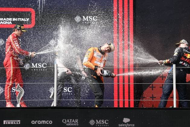 F1 Emilia-Romagna Grand Prix 2024 Charles Leclerc of Ferrari, Lando Norris of McLaren and Max Verstappen of Red Bull Racing at podium after the Formula 1 Emilia-Romagna Grand Prix at Autodromo Enzo e Dino Ferrari in Imola, Italy on May 19, 2024. Imola Italy  Copyright: xJakubxPorzyckix originalFilename:porzycki-f1emilia240519_npaxc.jpg