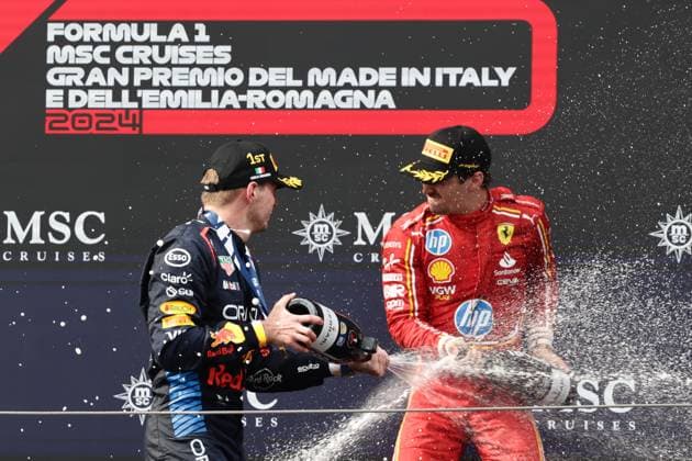 F1 Emilia-Romagna Grand Prix 2024 Max Verstappen of Red Bull Racing and Charles Leclerc of Ferrari at podium after the Formula 1 Emilia-Romagna Grand Prix at Autodromo Enzo e Dino Ferrari in Imola, Italy on May 19, 2024. Imola Italy  Copyright: xJakubxPorzyckix originalFilename:porzycki-f1emilia240519_npTTX.jpg