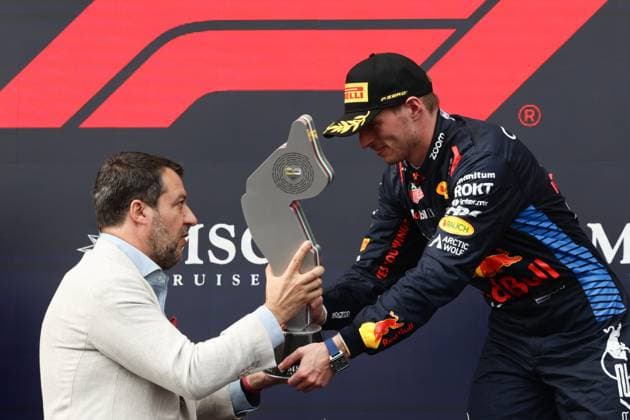 F1 Emilia-Romagna Grand Prix 2024 Matteo Salvini and Max Verstappen of Red Bull Racing at podium after the Formula 1 Emilia-Romagna Grand Prix at Autodromo Enzo e Dino Ferrari in Imola, Italy on May 19, 2024. Imola Italy  Copyright: xJakubxPorzyckix originalFilename:porzycki-f1emilia240519_npsVY.jpg