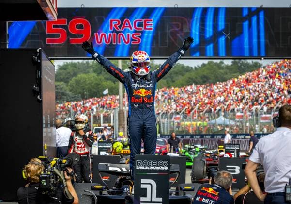 IMOLA - Max Verstappen (Red Bull Racing) cheers after winning the Emilia-Romagna Grand Prix at the Autodromo Enzo e Dino Ferrari circuit in Imola. ANP REMKO DE WAAL xVIxANPxSportx xxANPxIVx 498954909 originalFilename: 498954909.jpg