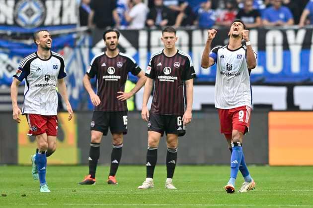 GER 2 FBL,, Hamburger SV vs 1 FC Nuremberg 19 05 2024, Volksparkstadion, Hamburg, GER 2 FBL, Hamburger SV vs 1 FC Nuremberg in the picture Robert Glatzel Hamburg 09 scores the goal to make it 4 1 for Hamburg from a penalty kick past goalkeeper Jan Reichert Nuremberg 31 and cheers to heaven nordphotoxGmbH xWitke nph00002