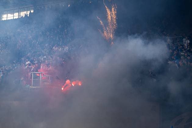 Rostock, Germany 19 May 2024 2 BL 2023 2024 FC Hansa Rostock vs SC Paderborn In the picture Pyro and black smoke on the south stand DFL regulations prohibit any use of photographs as image sequences and or quasi video Copyright: xFotostandx xVoelkerx
