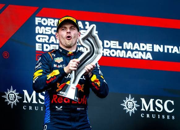 IMOLA - Max Verstappen (Red Bull Racing) on the podium after the Grand Prix of Emilia-Romagna at the Autodromo Enzo e Dino Ferrari circuit in Imola. ANP REMKO DE WAAL xVIxANPxSportx xxANPxIVx 498956581 originalFilename: 498956581.jpg