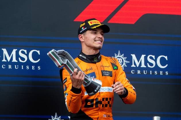 Lando Norris McLaren Formula 1 Team, 04 on the podium at the podium ceremony celebrating 2nd place, ITA, Formula 1 World Championship, Grand Prix Emilia Romagna Imola, Autodromo Enzo e Dino Ferrari, Race, 19 05 2024 ITA, Formula 1 World Championship, Grand Prix Emilia Romagna Imola, Autodromo Enzo e Dino Ferrari, Race, 19 05 2024 Imola Copyright: xEibner-Pressefoto Memmlerx EP_MMR
