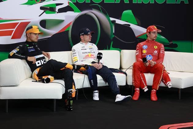 Formula 1 Grand Prix Emilia Romagna 2024 19 05 2024, Autodromo Enzo e Dino Ferrari, Imola, Formula 1 Grand Prix Emilia Romagna 2024 ,in the picture press conference winner Max Verstappen NLD , Oracle Red Bull Racing, 2nd place Lando Norris GBR , McLaren F1 Team, 3rd place Charles Leclerc MCO , Scuderia Ferrari HP nordphotoxGmbHx xBratic nph00250