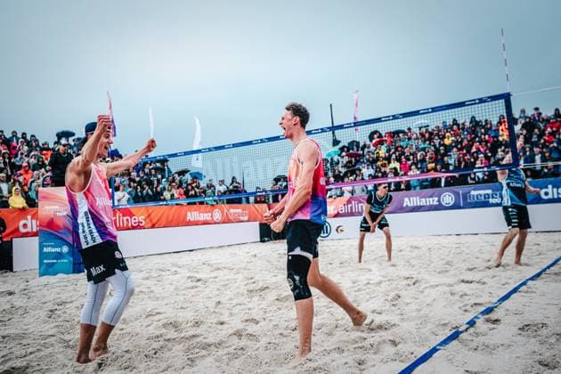 Beach volleyball men German Beach Tour 2024 Tourstop Düsseldorf 19 05 2024 Max Just left and Robin Sowa right win the tourstop in Düsseldorf Düsseldorf Robert Lehr Ufer Nordrhein Westfalen Germany