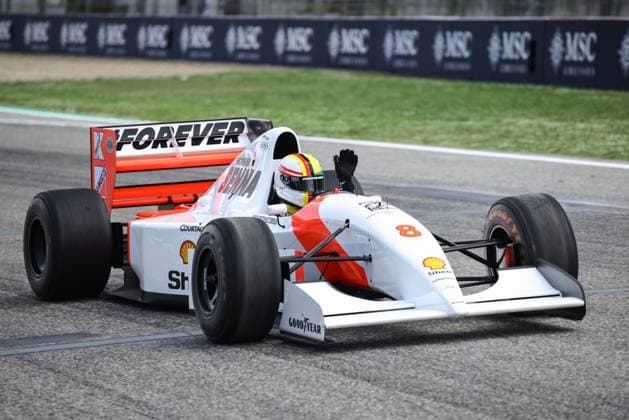 Sebastian Vettel driving his McLaren MP4-8 on tribute of the 30th anniversary of Ayrton Senna fatal accident during the Formula 1 MSC Cruises Gran Premio del Made in Italy e Dell™Emilia-Romagne 2024, 7th round of the 2024 Formula One World Championship, WM, Weltmeisterschaft from May 17 to 19, 2024 on the Autodromo Enzo e Dino Ferrari, in Imola, Italy - F1 - EMILIA-ROMAGNA GRAND PRIX 2024 DPPI Panoramic  XB5_9888