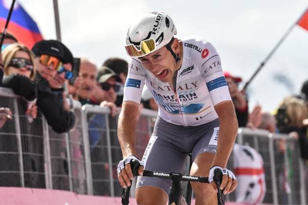 Giro d Italia race - Stage 15 - Manerba del Garda-Livigno Antonio Tiberi of Bahrain Victorius reaches on finish line of Stage 15 - Manerba del Garda-Livigno (Mottolino) - Giro d Italia 2024 during Stage 15 - Manerba del Garda-Livigno, Giro d Italia race in Livigno, Italy, May 19 2024 Livigno Italy  Copyright: xIPAxSport ABACAx