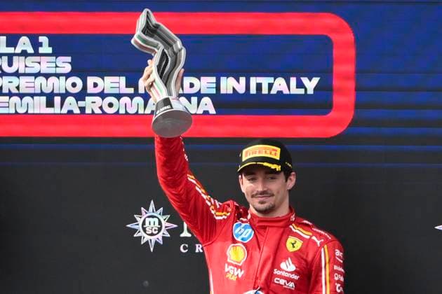 19th May 2024; Autodromo Enzo e Dino Ferrari, Imola, Italy; FIA Formula 1 Emilia Romagna Grand Prix 2024; Race Day; Charles Leclerc of Monaco driving for Scuderia Ferrari HP F1 Team third place celebrates on the podium  ActionPlus12645104 BestxImages