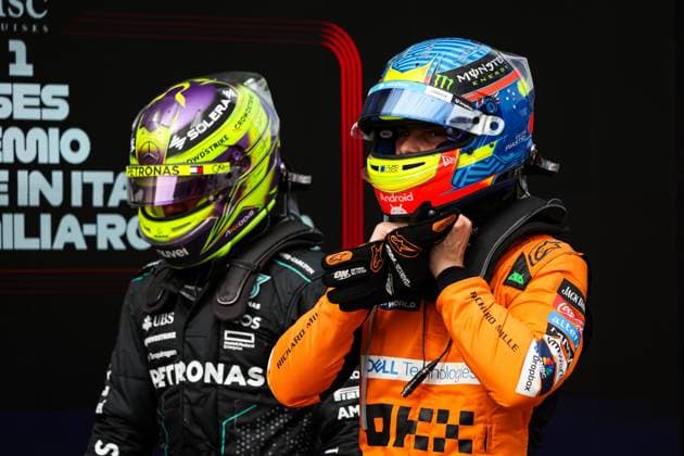 HAMILTON Lewis (gbr), Mercedes AMG F1 Team W15, PIASTRI Oscar (aus), McLaren F1 Team MCL38, portrait during the Formula 1 MSC Cruises Gran Premio del Made in Italy e Dell™Emilia-Romagne 2024, 7th round of the 2024 Formula One World Championship, WM, Weltmeisterschaft from May 17 to 19, 2024 on the Autodromo Enzo e Dino Ferrari, in Imola, Italy - F1 - EMILIA-ROMAGNA GRAND PRIX 2024 DPPI Panoramic 240519_R07_EMR_DP_FGOO7217
