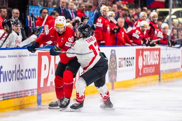 PRAGUE, CZECH REPUBLIC MAY 19 Roman Josi of Switzerland L against Brandon Tanev of Canada R during the preliminary round match between Switzerland and Canada at Prague Arena on May 19, 2024 in Prague, Czech Republic Prague Prague Arena Czech Republic Copyright: xJustPictures.ch JarixPestelaccix jp-en-EuSpIm-JP4_JAR_Switzerland_Canada_19May2024_086