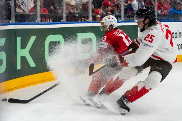PRAGUE, CZECH REPUBLIC MAY 19 Nico Hischier of Switzerland L against Owen Power of Canada R during the preliminary round match between Switzerland and Canada at Prague Arena on May 19, 2024 in Prague Prague, Czech Republic Prague Prague Arena Czech Republic Copyright: xJustPictures.ch JarixPestelaccix jp-en-EuSpIm-JP4_JAR_Switzerland_Canada_19May2024_234