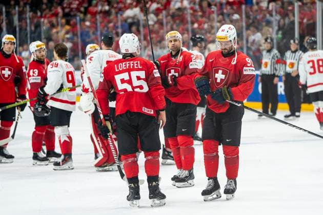 PRAGUE, CZECH REPUBLIC MAY 19 Roman Josi of Switzerland R , Nino Niederreiter of Switzerland C , Romain Loeffel of Switzerland L disappointed after the preliminary round match between Switzerland and Canada at Prague Arena on May 19, 2024 in Prague Prague, Czech Republic Prague Prague Arena Czech Republic Copyright: xJustPictures.ch JarixPestelaccix jp-en-EuSpIm-JP4_JAR_Switzerland_Canada_19May2024_320