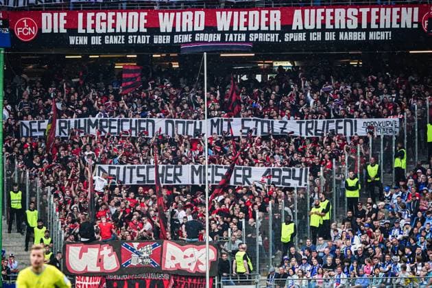 Banner Fans Ultras 1 FC Nuernberg GER, Hamburger SV vs 1 FC Nuernberg, Football, 2 Bundesliga, Matchday 34, Season 2023 2024, 19 05 2024 DFL REGULATIONS PROHIBIT ANY USE OF PHOTOGRAPHS AS IMAGE SEQUENCES AND OR QUASI VIDEO GER, Hamburger SV vs 1 FC Nuernberg, Football, 2 Bundesliga, Matchday 34, Season 2023 2024, 19 05 2024 Hamburg Copyright: xEibner-Pressefoto MarcelxvonxFehrnx EP_MFN