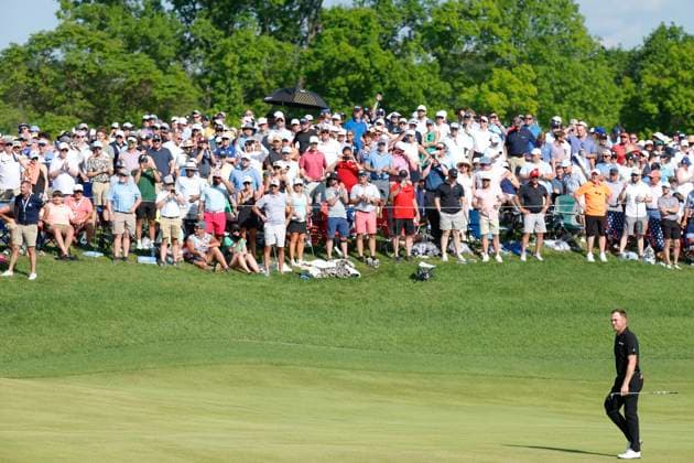 LOUISVILLE, KY - MAY 19: Justin Thomas walks up the No. 18 fairway during the final round of the PGA, Golf Herren Championship, May 19, 2024, at Valhalla Golf Club in Louisville, Kentucky. (Photo by Matthew Maxey Icon Sportswire) GOLF: MAY 19 PGA Championship EDITORIAL USE ONLY Icon240519078
