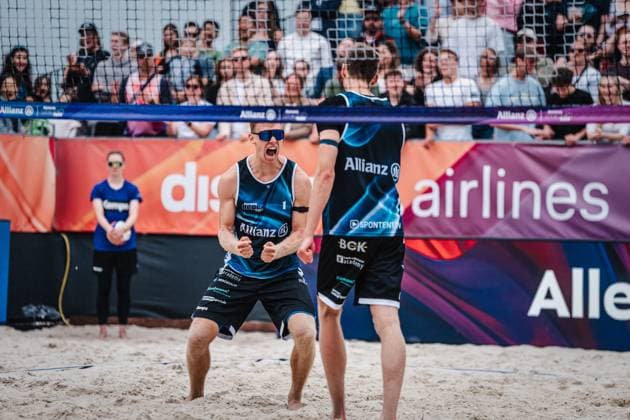 Beach volleyball men German Beach Tour 2024 Tourstop Düsseldorf 19 05 2024 Jonas Reinhardt left cheers towards Milan Sievers right Düsseldorf Robert Lehr Ufer North Rhine-Westphalia Germany