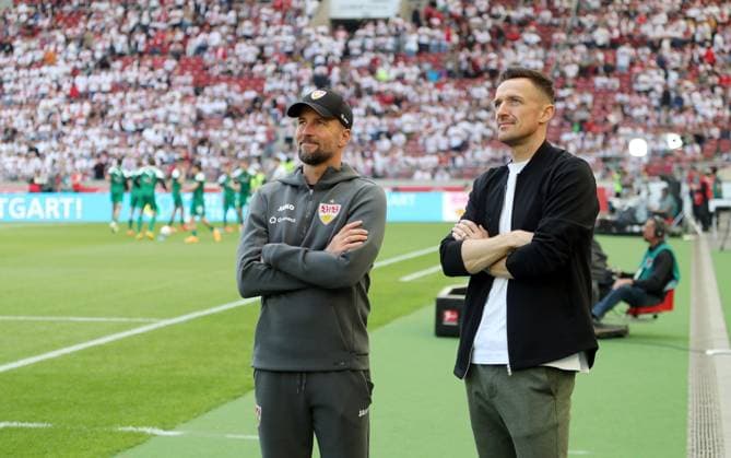 18 05 24 VfB Stuttgart Borussia Mönchengladbach Germany, Stuttgart, 18 05 2024, Football, Bundesliga, VfB Stuttgart Borussia Mönchengladbach 4 0 v l Sebastian Hoeneß Coach VfB Stuttgart , Christian Gentner Head of Licensed Player Department VfB Stuttgart