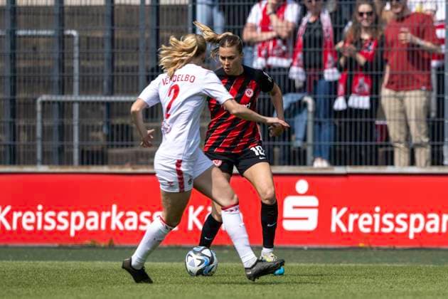 Soccer Google Pixel Womens Bundesliga, Season 2023 2024, Matchday 22, 1 FC Koeln Eintracht Frankfurt on 20 05 2024 at Franz Kremer Stadium in Koeln duel between Laura Freigang Eintracht Frankfurt, 10 and Sofie Vendelbo Laursen 1 FC Koeln, 02 Important note In accordance with the regulations of the DFL German Football League and the DFB German Football Association, it is prohibited to use or have used photographs taken in the stadium and or of the match in the form of sequential images and or video-like photo series Foto Kirchner Media TH Copyright: xKirchner-Media THx