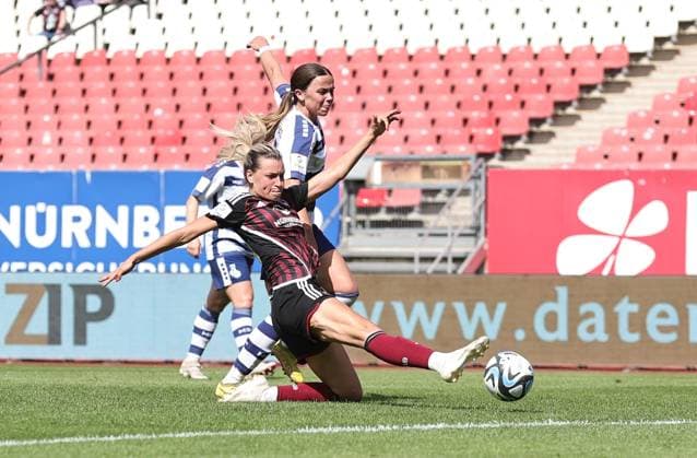 20 05 2024 Soccer Season 2023 2024 1 Women Soccer Bundesliga 22 Matchday 1 FC Nuremberg FCN Club MSV Duisburg Zebras Sportfoto Zink DaMa xdaxmax Goal Goal Shot to 1 0 Goalscorer Medina Desic 30, 1 FC Nuremberg FCN vs Haley Thomas 3, MSV Duisburg