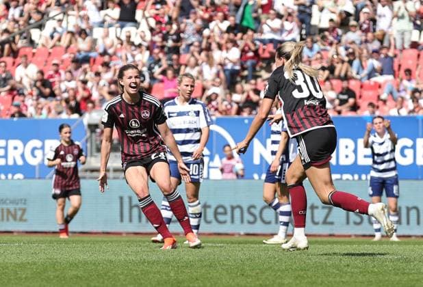 20 05 2024 Soccer Season 2023 2024 1 Womens Soccer Bundesliga 22 Matchday 1 FC Nürnberg FCN Club MSV Duisburg Zebras Sportfoto Zink DaMa xdaxmax Jubel Freude Torjubel nach Tor zum 1 0 Nele Bauereisen 23, 1 FC Nürnberg FCN Medina Desic 30, 1 FC Nürnberg FCN jubiliert freue sich Torschütze Medina Desic 30, 1 FC Nürnberg FCN