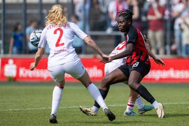 Soccer Google Pixel Womens Bundesliga, Season 2023 2024, Matchday 22, 1 FC Koeln Eintracht Frankfurt on 20 05 2024 at Franz Kremer Stadium in Koeln duel between Sofie Vendelbo Laursen 1 FC Koeln, 02 , Laura Donhauser 1 FC Köln, 25 and Nicole Anyomi Eintracht Frankfurt, 19 Important note In accordance with the regulations of the DFL German Football League and the DFB German Football Association, it is prohibited to utilize or have utilized photographs taken in the stadium or of the match in the form of sequential images or video-like photo series Foto Kirchner Media TH Copyright: xKirchner-Media THx