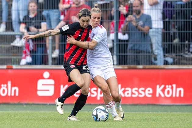 Soccer Google Pixel Womens Bundesliga, Season 2023 2024, Matchday 22, 1 FC Koeln Eintracht Frankfurt on 20 05 2024 at Franz Kremer Stadium in Koeln duel between Sara Doorsoun Eintracht Frankfurt, 23 and Selina Cerci 1 FC Koeln, 29 Important note In accordance with the regulations of the DFL German Football League and the DFB German Football Association, it is prohibited to exploit or have exploited photographs taken in the stadium and or of the game in the form of sequential images and or video-like photo series Foto Kirchner Media TH Copyright: xKirchner-Media THx