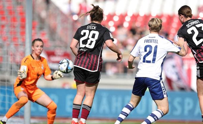 20 05 2024 Soccer Season 2023 2024 1 Womens Soccer Bundesliga 22 Matchday 1 FC Nürnberg FCN Club MSV Duisburg Zebras Sportfoto Zink DaMa xdaxmax Goal Goal Shot to 2 0 Goalscorer by header Lara Schmidt 27, 1 FC Nürnberg FCN vs Ena Mahmutovic 1, MSV Duisburg