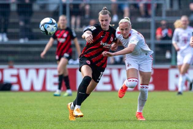 Football Google Pixel Womens Bundesliga, Season 2023 2024, Matchday 22, 1 FC Koeln Eintracht Frankfurt on 20 05 2024 at Franz Kremer Stadium in Koeln duel between Virginia Kirchberger Eintracht Frankfurt, 13 and Meike Messmer 1 FC Koeln, 20 Important note In accordance with the regulations of the DFL German Football League and the DFB German Football Association, it is prohibited to utilize or have utilized photographs taken in the stadium and or of the match in the form of sequential images and or video-like photo series Foto Kirchner Media TH Copyright: xKirchner-Media THx