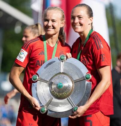 Pernille Harder 21 Bayern and Magdalena Eriksson 5 FC Bayern celebrate winning the German championship of the Google Pixel Womens Bundesliga 20023 2024 on 20 05 2024 Sinnsheim Dietmar Hopp Stadion Baden Württemberg Bayern