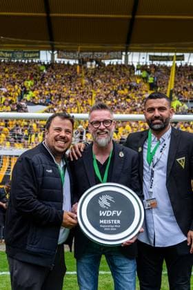 The Alemannia Aachen team, here Marcel Moberz left AR Chairman, TSV Alemannia Aachen , Sascha Eller center GF and Sports Director, TSV Alemannia Aachen , Erdal Celik right Technical Director, TSV Alemannia Aachen , celebrates the championship in the Regionalliga West GER, TSV Alemannia Aachen vs SSVg Velbert 02, Football, Regionalliga West, Matchday 34, Season 2023 2024, 18 05 2024 GER, TSV Alemannia Aachen vs SSVg Velbert 02, Football, Regionalliga West, Matchday 34, Season 2023 2024, 18 05 2024 Copyright: xEibner-Pressefoto JustinxAlexandx EP_JDU