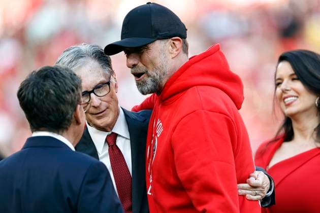 Football - 2023 2024 Premier League - Liverpool vs Wolverhampton Wanderers - Anfield - Sunday 19th May 2024 Liverpool manager Jurgen Klopp with John Henry and Tom Werner of FSG after his final game as manager, at Anfield. 