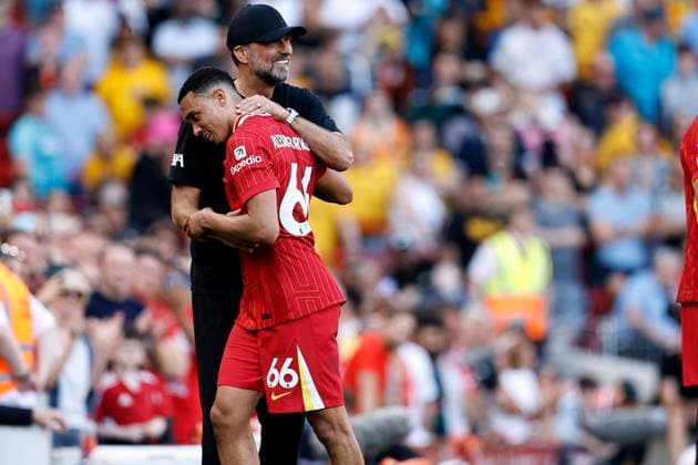 Football - 2023 2024 Premier League - Liverpool vs Manchester United, ManU - Anfield - Sunday 19th May 2024 Liverpool manager Jurgen Klopp hugs Trent Alexander-Arnold as he brings him off in the final minutes of his last match in charge, at Anfield. 