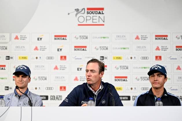 press conference, PK, Pressekonferenz Soudal Open Golf SCHILDE, BELGIUM - MAY 21 : Nicolas Colsaerts, Adrien Dumont de Chassart and Matthis Besard pictured during a press conference prior to the DP World Tour Golf Soudal Open at the Rinkven International Golf Club on May 21, 2024 in Schilde, Belgium, 21 05 2024 Schilde Belgium  Copyright: xPeterxDexVoechtx