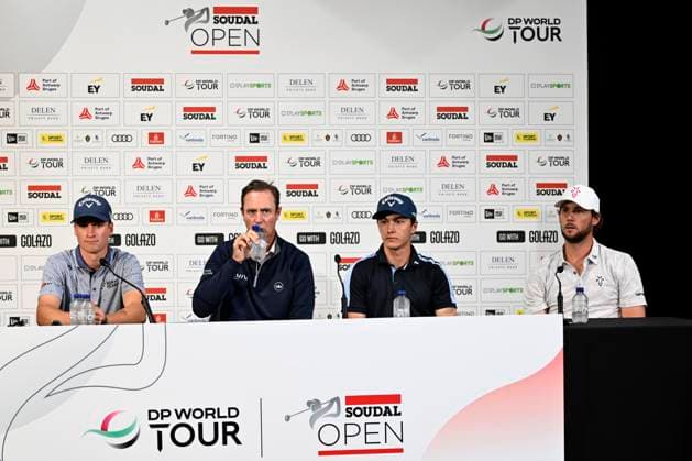 press conference, PK, Pressekonferenz Soudal Open Golf SCHILDE, BELGIUM - MAY 21 : Thomas Pieters, Nicolas Colsaerts, Adrien Dumont de Chassart and Matthis Besard pictured during a press conference prior to the DP World Tour Golf Soudal Open at the Rinkven International Golf Club on May 21, 2024 in Schilde, Belgium, 21 05 2024 Schilde Belgium  Copyright: xPeterxDexVoechtx