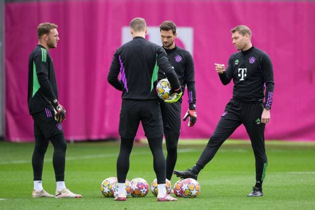 Soccer, Champions League, 20240507, final training, Real Madrid FC Bayern Munich In the picture Daniel PERETZ FC Bayern Munich, 18 , Manuel NEUER FC Bayern Munich, 1 , Sven ULREICH FC Bayern Munich, 26 and goalkeeper coach of FC Bayern Munich Michael RECHNER Munich training ground Säbener Str 51 Bayern Germany Copyright: Passion2Press MarkusxFischerx