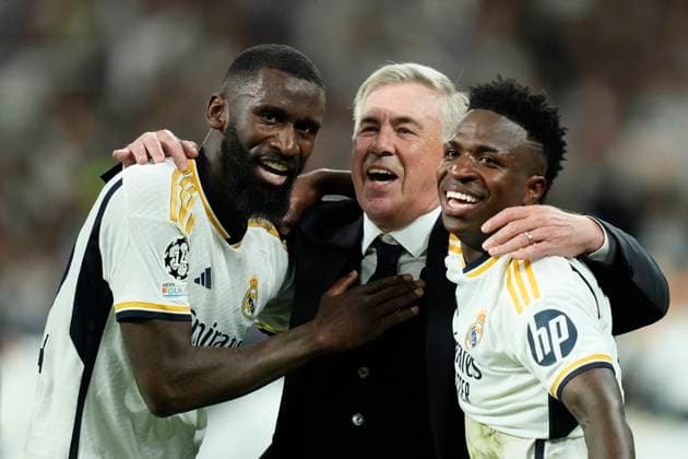 Real Madrid v FC Bayern München: Semi-final Second Leg - UEFA Champions League 2023 24 (L-R) Antonio Rudiger centre-back of Real Madrid and Germany , Carlo Ancelotti head coach of Real Madrid and Vinicius Junior left winger of Real Madrid and Brazil celebrates victory after the UEFA Champions League semi-final second leg match between Real Madrid and FC Bayern München at Estadio Santiago Bernabeu on May 8, 2024 in Madrid, Spain. Madrid Spain  Copyright: xJosexBretonx originalFilename:breton-realmadr240508_npRUP.jpg