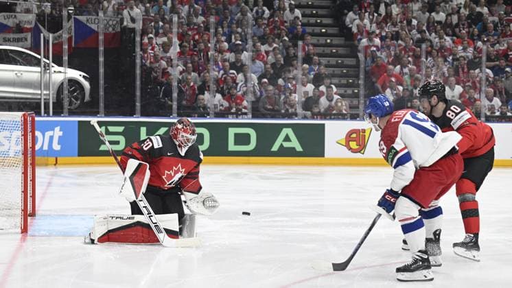 Czech Republic vs Canada group A, match of 2024 IIHF World Championship, WM, Weltmeisterschaft in Prague, Czech Republic, on May 21, 2024. From left goalie of Canada Jordan Binnington, Czech Jakub Flek, Pierre-Luc Dubois of Canada. (CTKxPhoto MichalxKamaryt) CTKPhotoP2024052105969  CTKPhotoP2024052105969