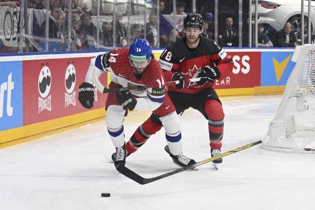 Czech Republic vs Canada group A, match of 2024 IIHF World Championship, WM, Weltmeisterschaft in Prague, Czech Republic, on May 21, 2024. From left Czech Pavel Zacha, Damon Severson of Canada. (CTKxPhoto MichalxKamaryt) CTKPhotoP2024052105991  CTKPhotoP2024052105991