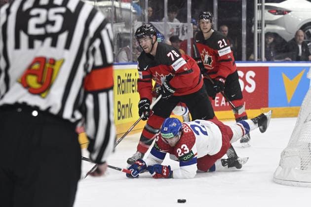 Czech Republic vs Canada group A, match of 2024 IIHF World Championship, WM, Weltmeisterschaft in Prague, Czech Republic, on May 21, 2024. From left Czech Lukas Sedlak, Damon Severson, Kaiden Guhle both of Canada. (CTKxPhoto MichalxKamaryt) CTKPhotoP2024052106067  CTKPhotoP2024052106067