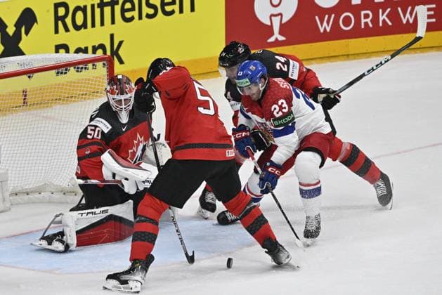Czech Republic vs Canada group A, match of 2024 IIHF World Championship, WM, Weltmeisterschaft in Prague, Czech Republic, on May 21, 2024. From left goalie of Canada Jordan Binnington, Colton Parayko of Canada, Czech Lukas Sedlak, Jamie Oleksiak of Canada. (CTKxPhoto VitxSimanek) CTKPhotoP2024052106259  CTKPhotoP2024052106259