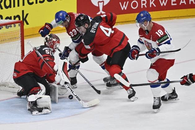 Czech Republic vs Canada group A, match of 2024 IIHF World Championship, WM, Weltmeisterschaft in Prague, Czech Republic, on May 21, 2024. From left goalie of Canada Jordan Binnington, Czech Lukas Sedlak, Bowen Byram of Canada, Czech Ondrej Palat. (CTKxPhoto VitxSimanek) CTKPhotoP2024052106286  CTKPhotoP2024052106286