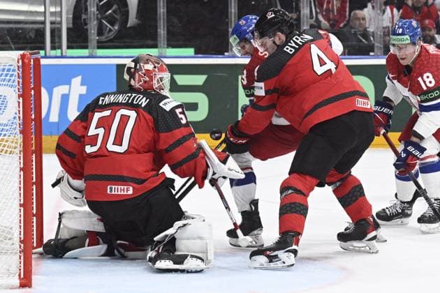 Czech Republic vs Canada group A, match of 2024 IIHF World Championship, WM, Weltmeisterschaft in Prague, Czech Republic, on May 21, 2024. From left goalie of Canada Jordan Binnington, Czech Lukas Sedlak, Bowen Byram of Canada, Czech Ondrej Palat. (CTKxPhoto MichalxKamaryt) CTKPhotoP2024052106363  CTKPhotoP2024052106363